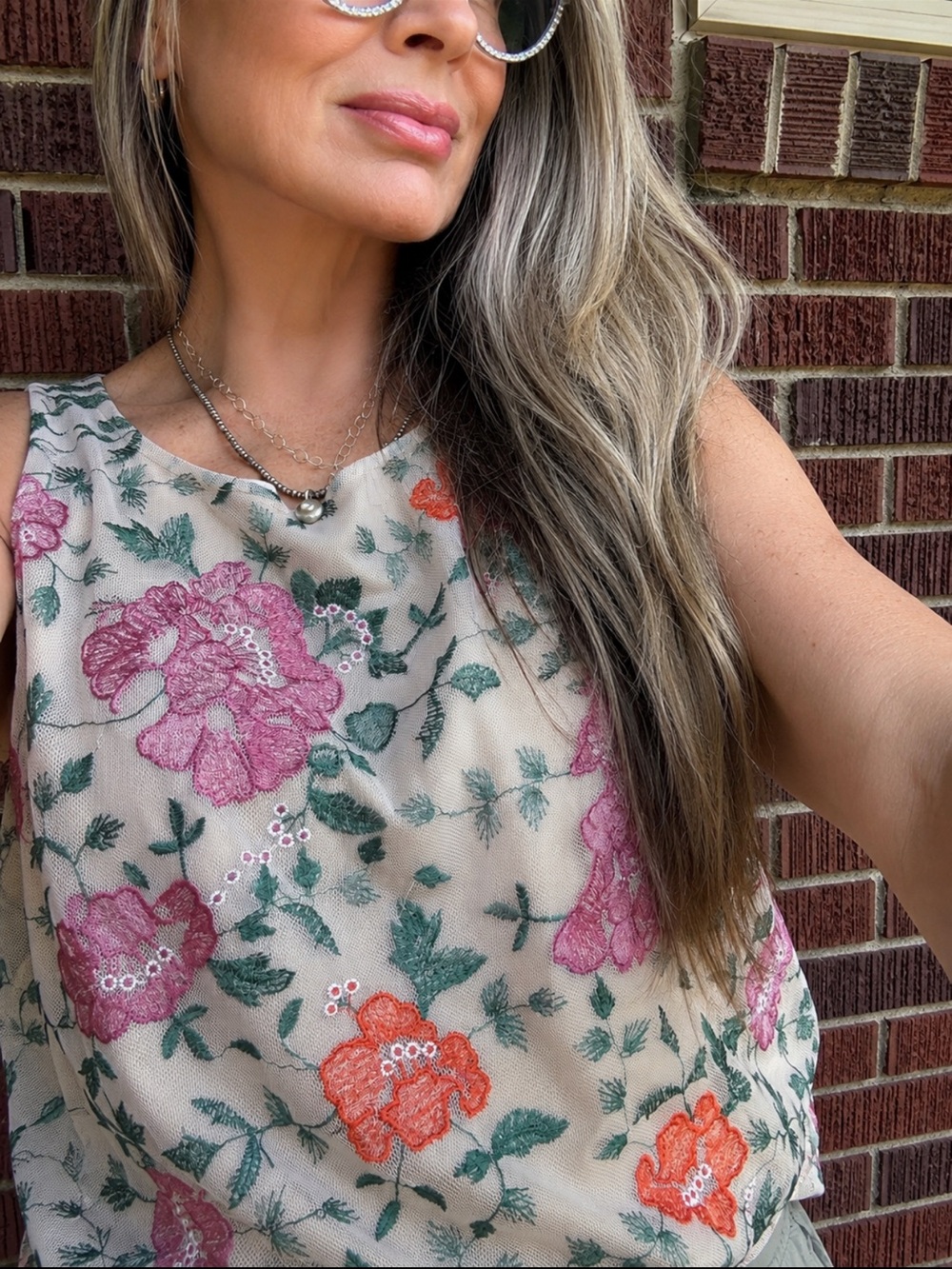 Sundance Embroidered Floral Mesh Top Western Boho Blouse L